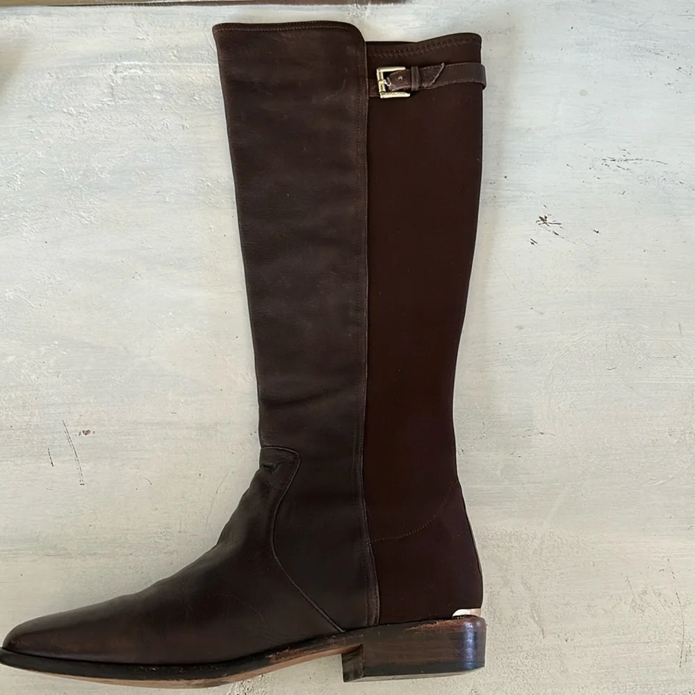 Coach Lilac Tall Boots Brown Leather Fabric Stretch Panel Size 10 Buckle Classy - Picture 4 of 16